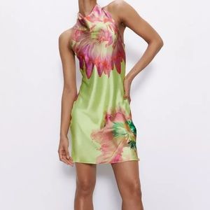 Petite Graphic Floral Halter Neck Mini Dress